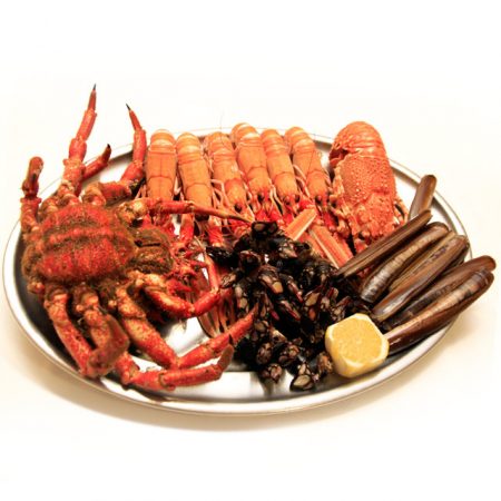 Bandeja de marisco fresco de Galicia: centolla de la ría, Percebe gallego, navajas frescas, langosta roja o santiaguiño, Cigala fresca